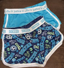 JUSTICE DOLPHIN SHORTS SIZE 14 SOCCER/BE YOURSELF 2-PR BLUE/TURQ SUPER CUTE 