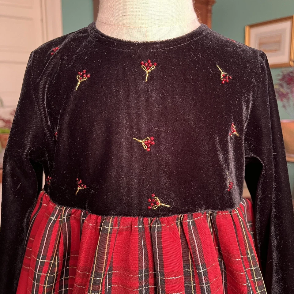 Delightful Sz4 Holiday Dress Velveteen Top &Tartan Plaid Satin Organza Skirt EUC - Image 3 of 4