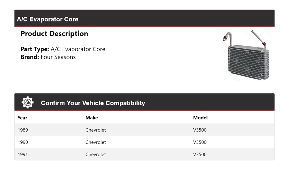 Ядро испарителя кондиционера для Chevrolet V3500 1989-1991 годов выпуска 4 сезона 1990 - Изображение 2 из 4