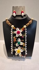 Handmade Indian Tribal Necklace Set Cowrie Shell Black Fabric Long Pendant Boho