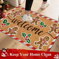Gingerbread Man and Holly Pattern Non-Slip Indoor Welcome Mat - Plush Texture