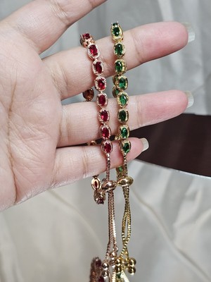 Crystal Adjustable Bracelet In Red Rose Gold Tone & Green Gold Tone Set