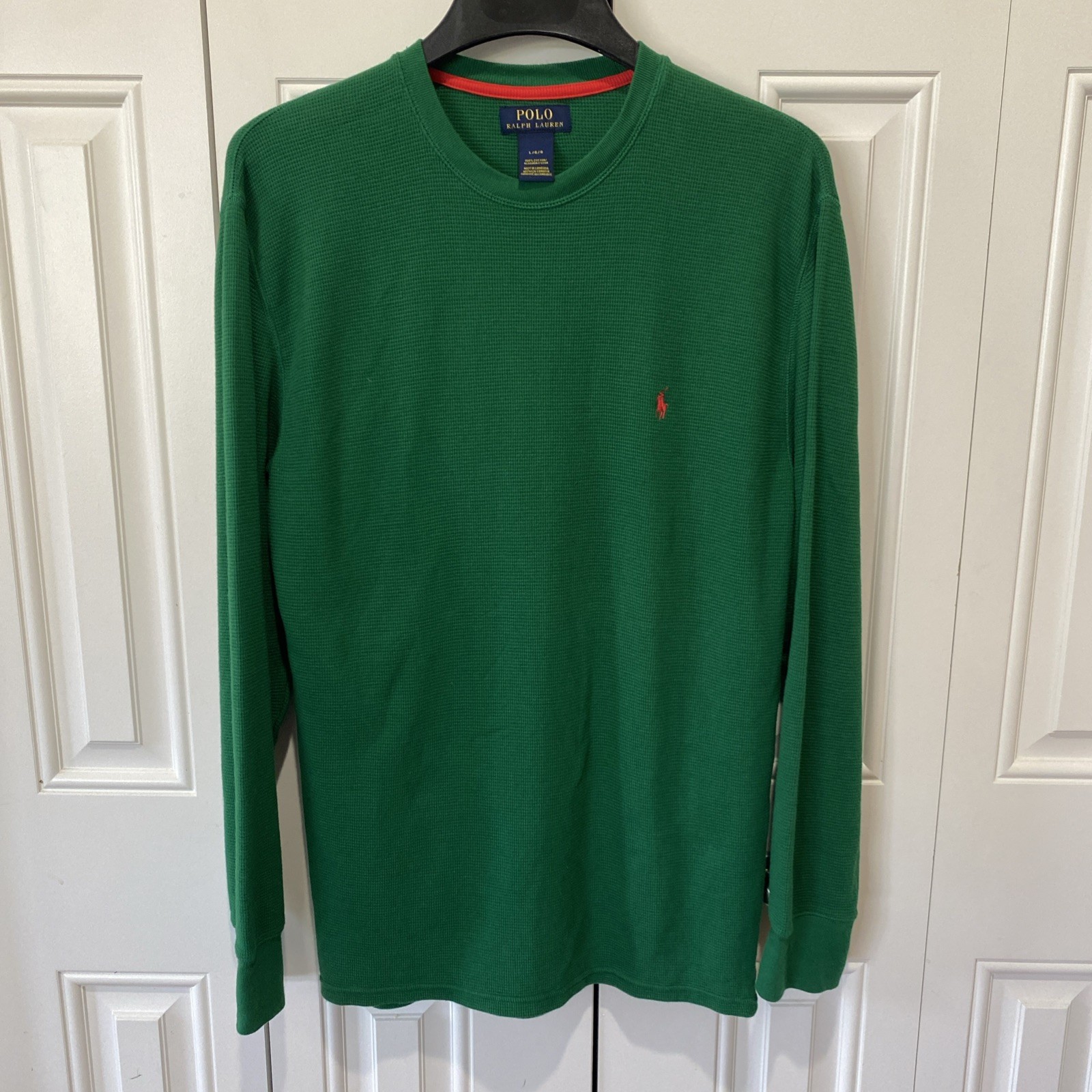 Polo Ralph Lauren camicia L verde waffle termica manica lunga girocollo arancione pony