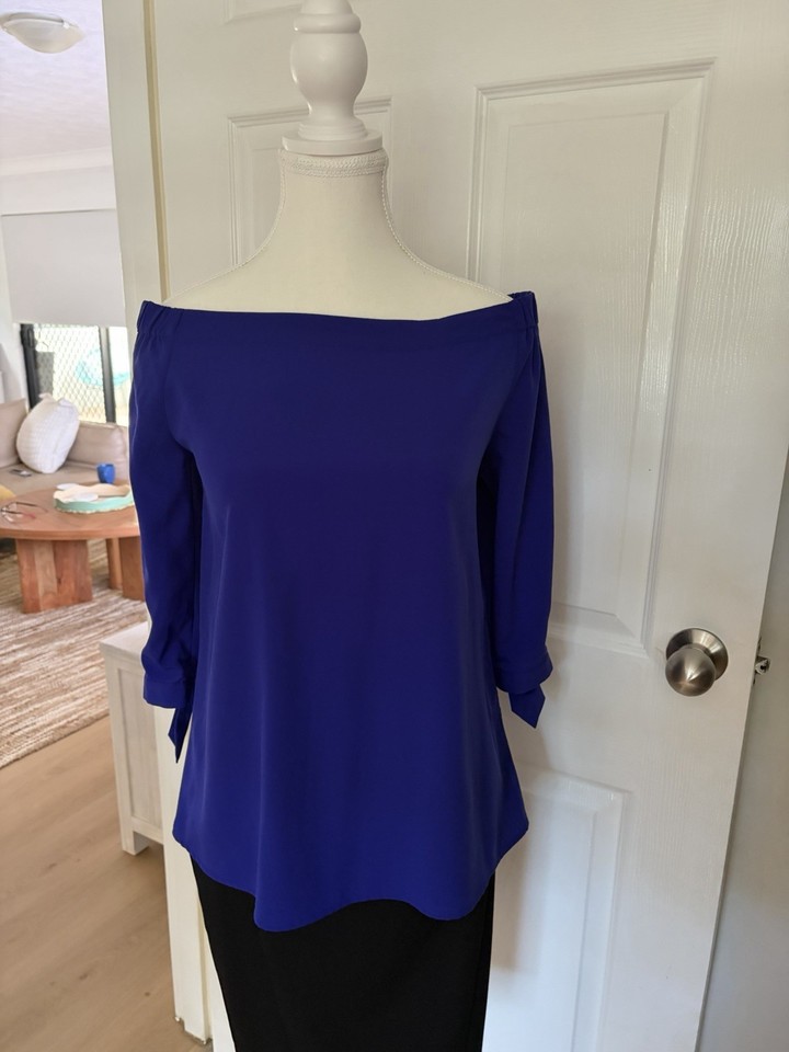 Forever New Cobalt Blue Off Shoulder Top Size 8 Tie Sleeve Polyester Blouse