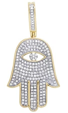 Mens 10K Yellow Gold Hamsa Evil Eye Hand Real Diamond Charm Pendant 0.35CT 1.5"