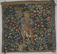 Vintage French Millefleurs Medieval Boy Holding Cat 10x10 &ndash; Wall Art Decor 1990s