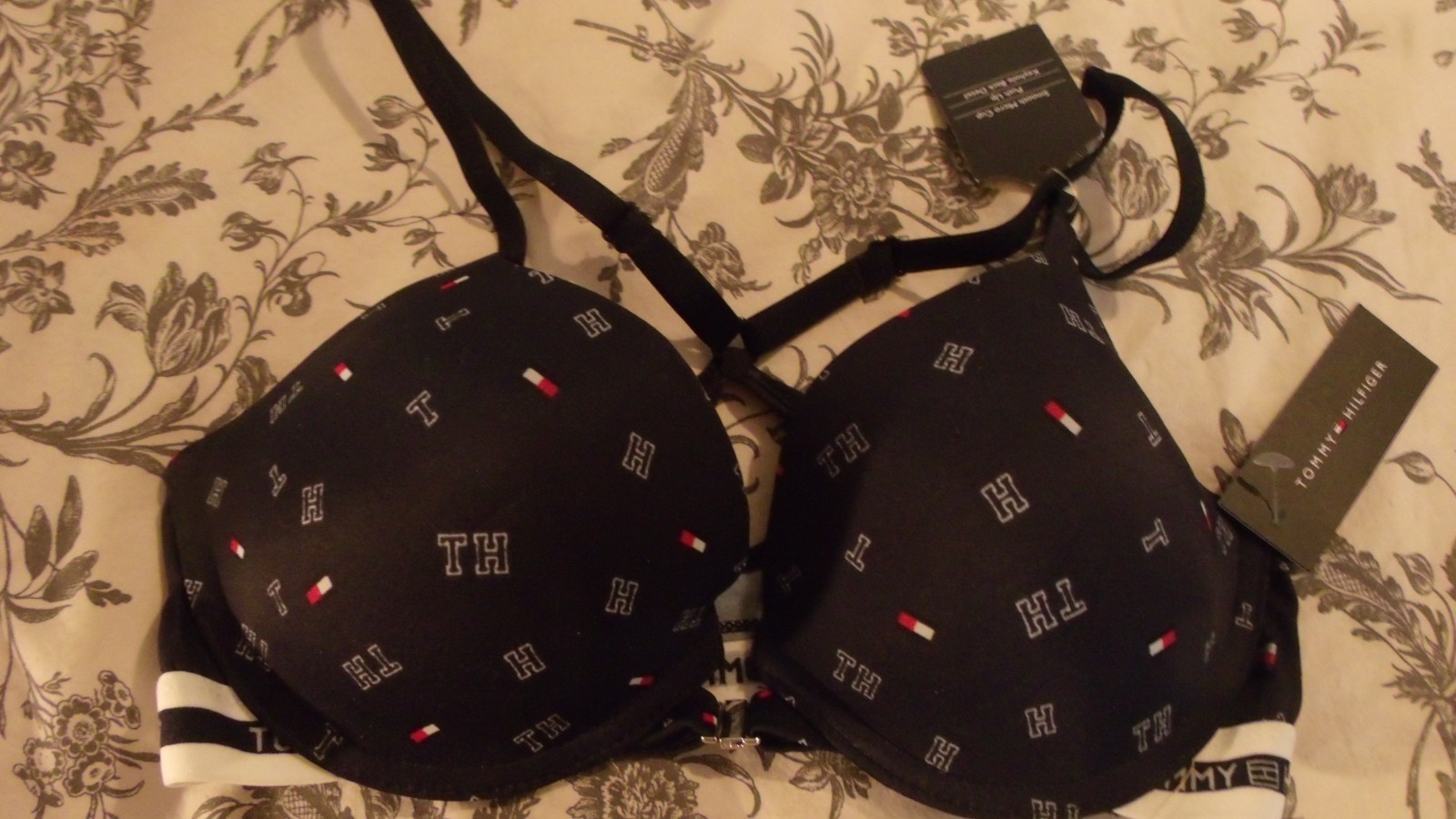 Navy Blue w/Logo Tommy Hilfiger Front Hook Racer Back Push Up UW Bra *NEW* 34C