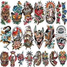 77 Sheets American Traditional Temporary Tattoos Adult Women Men Realistic Fake
