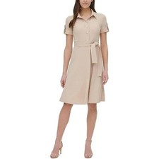 NWT Tommy Hilfiger Dress Collared Scuba Crepe Belted Shirt Dress Beige Size