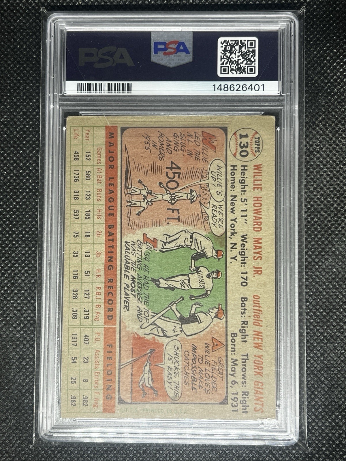 1956 Topps Baseball Willie Mays #130 Gray Back PSA 3 VG New York Giants  view 2