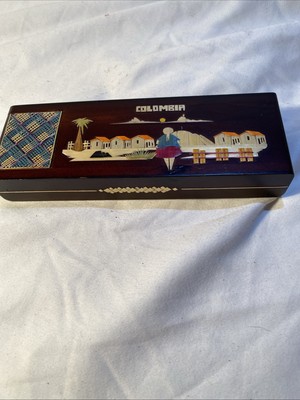 Handmade Wood Inlay Pencil Box & Pen Folding Puzzle Columbi Folk Art Desk Office