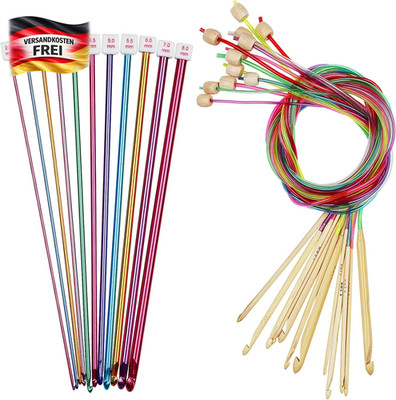 Häkelnadel Set für Anfänger - Tunesisches Häkeln, 23 Stück, Aluminium & Bambus