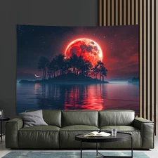 Stunning Red Moonlit Sky Wall Tapestry - Polyester, Feather-Free, Ideal for Livi