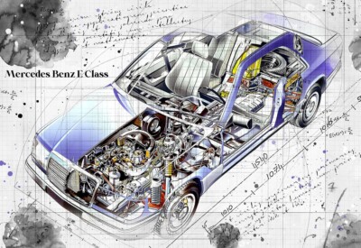 Line Tech Zeichnung Mercedes Benz E Auto Auto Classic Cutaway Kunst Posterdruck