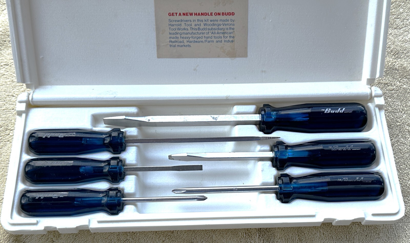 VINTAGE BUDD 6 PC SCREWDRIVER SET, MFG BY HARROLD TOOL AND WOODINGS