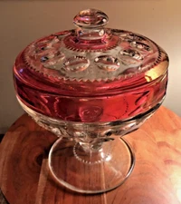 Vintage Ruby & Clear Glass Pedestal Covered Candy Dish 7.5"