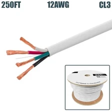 250FT 12 Gauge Speaker Wire Cable Home Audio 4 Conductor Pure Copper CL3 White