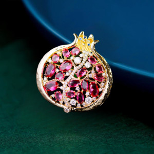 Authentic Gold Plated Red Cubic Zirconia CZ Pomegranate Fruit Brooch Pin