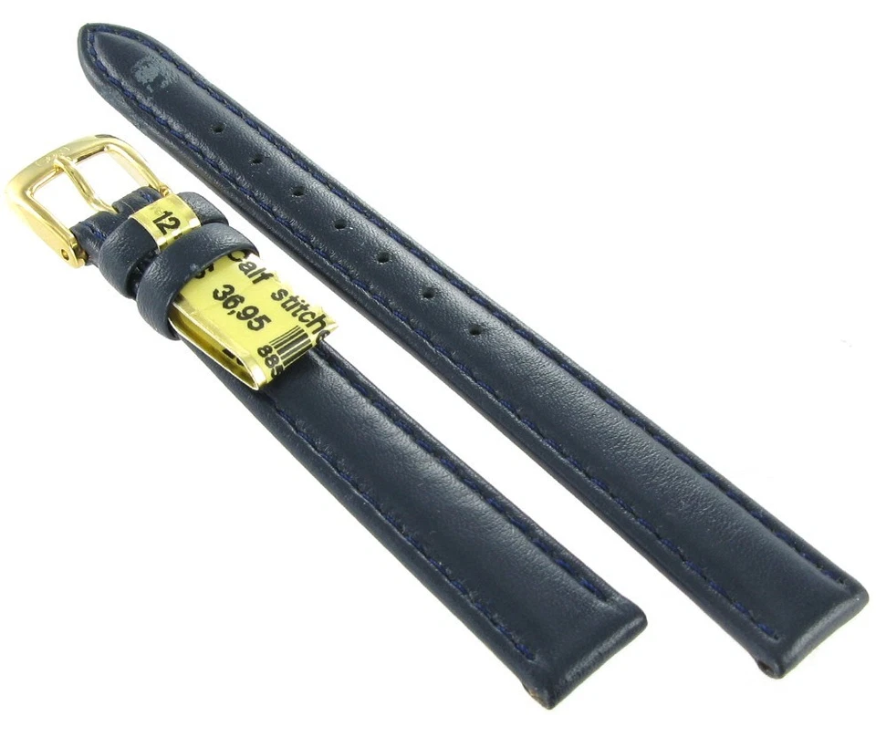 Correa de reloj para damas de cuero genuino cosida a pantorrilla azul modelo Di de 12 mm con defecto Foto 2 de 4