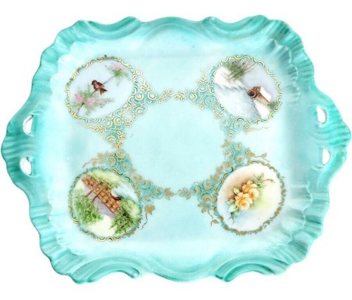 Vintage MCM Hand Painted Gold Victorian Trinket Dish Vanity Tray Signed 9" x 7" - Picture 6 of 7