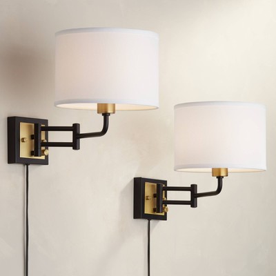 Joelle Modern Swing Arm Wall Lamps Set of 2 Black Brass Plug-In Fixture Drum