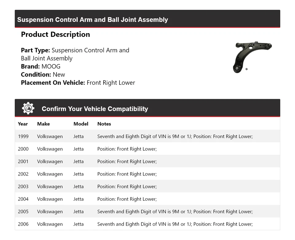 Para 1999-2006 Volkswagen Jetta braço de controle dianteiro direito inferior MOOG 1999 2000 2001 - Imagem 2 de 3