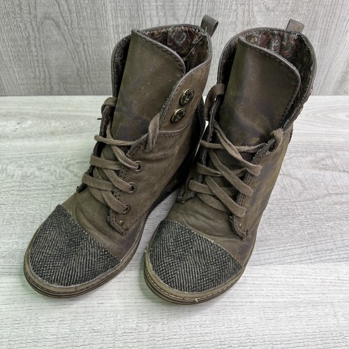 Blowfish Damen-Stiefelette abgenutzt Kunstleder Tweed Schnürung Keilabsatz Größe 7