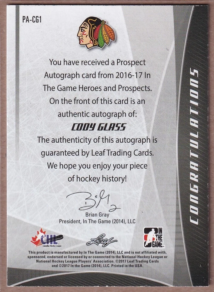 2016-17 ITG Heroes and Prospects Autographs Red #PACG1 Cody Glass AUTO /25 - Image 2 of 2