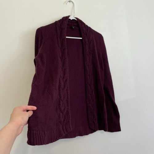 TALBOTS Plum Dark Purple Chunky Cable Knit Open Viscose Cardigan Sweater Medium - Picture 7 of 12