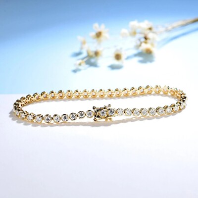 Bezel Set 3.75CT Round Cut GH/VS Natural Diamond Tennis Bracelet 14k Yellow Gold