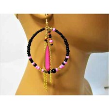 Large Boho Hippie style Pink Black Vintage accent Mega Hoop Earrings 2.5 inch