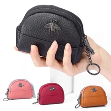 Womens Genuine Leather Small Coin Holder Change Purse Zipper Key Card Wallet