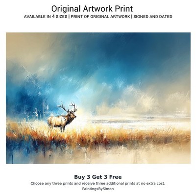 Stier Elch Landschaft 5''x7'' Druck auf mattem Papier | Tierwelt Berg Wandkunst