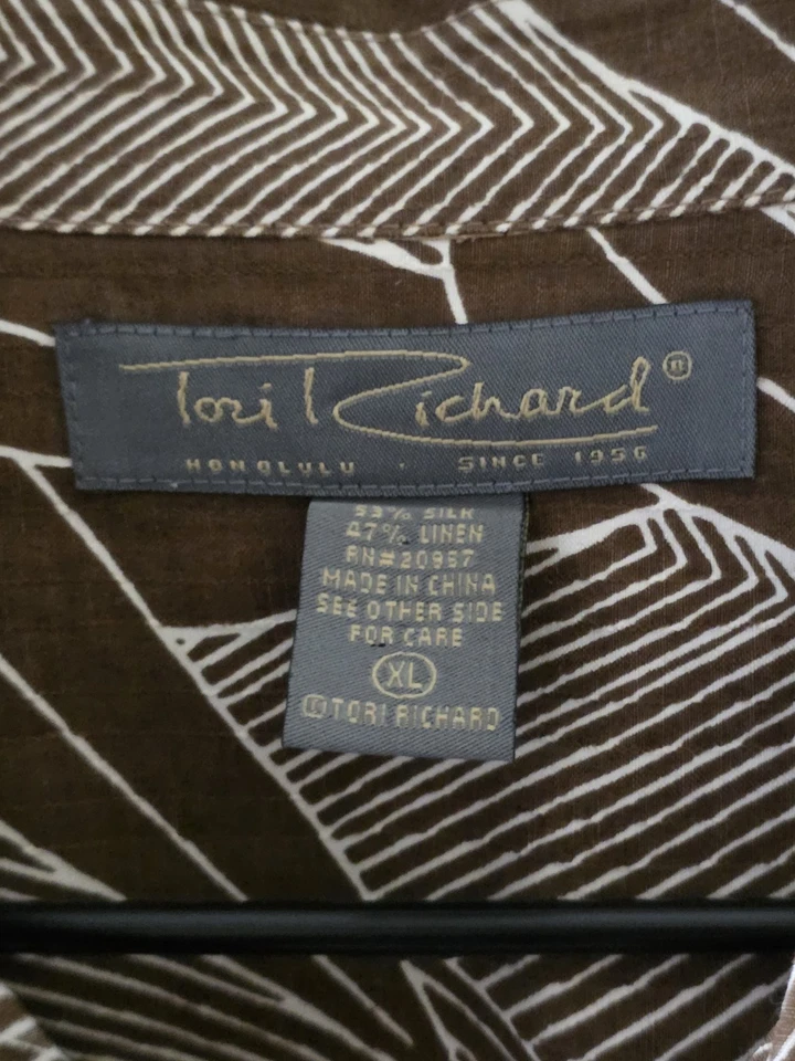 Camisa Hawaiana TORI RICHARDS Seda y Lino XL Marrón Blanco Diseños Foto 2 de 4
