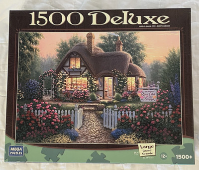 Mega Puzzles 1500 Deluxe Piece Puzzle Jigsaw Rose Petal Shoppe Cottage COMPLETE