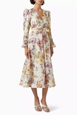Zimmermann Luminosity Midi Dress 2 UK12 US8 Linen Cream Floral Purple Pink Green