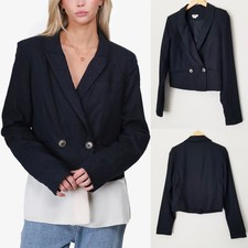 Jason Wu Double Breasted Linen Blend Cropped Blazer Jacket S Black 310 Designer