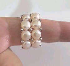 Vintage Ring Freshwater Pearls, Stretchy Band, With Small Silver Tone Seed Beads