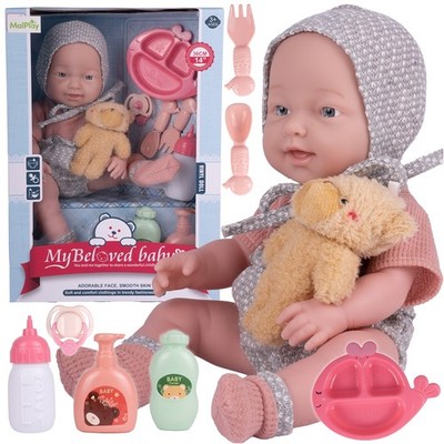 Malplay Babypuppe Puppe Zubehör-Set mit Teddybär Besteck Flasche Schnuller