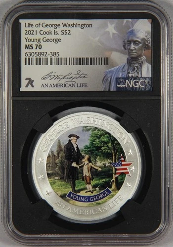 2021 Cook Islands 1/2 Oz Silver $2 Life of Washington NGC MS70 Young George