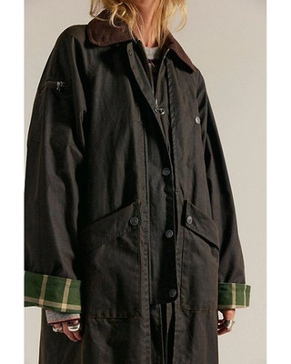 Free People We The Free Janina Waxed Coat Olive Green Plaid Lined XS NEW £368