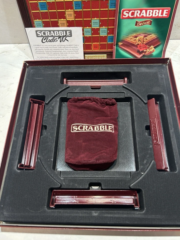Scrabble Deluxe Wooden Tiles Rotating Board Velvet Bag Mattel -100% Complete VGC - Image 4 of 4