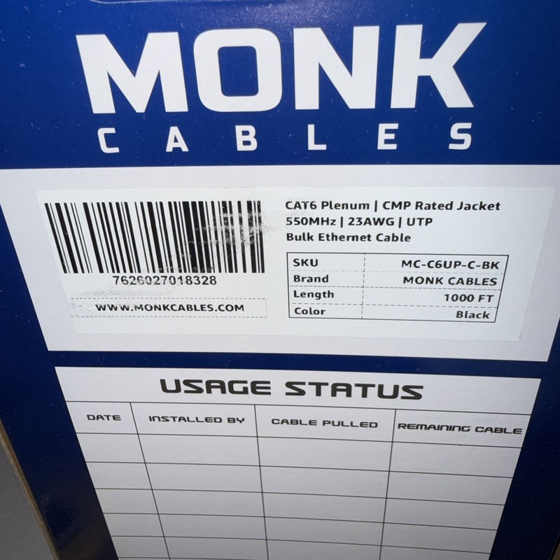 MONK CABLES | CAT6 Plenum (CMP) 1000ft Bulk Ethernet Cable, Black