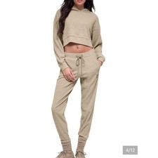 Alo Yoga Muse Ribbed Knit Lounge Set Gravel Beige Cropped Hoodie Joggers Womens