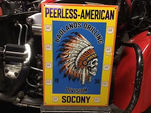 VINTAGE PORCELAIN 1930 SOCONY BADLANDS DRILLING DIVISION SIGN Indian Harley Ford