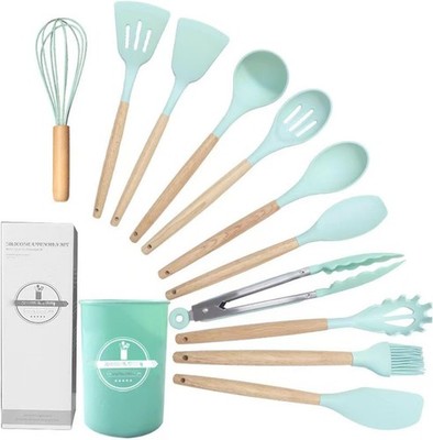 12-teiliges Silikon Kochen Küchenutensilien Set, Antihaftbeschichtet Standard, Grün 