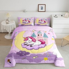 Kids Girls Unicorn Bedding Set Twin Size Kids Cute Moon Unicorn Duvet Quilt f...