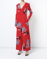 598 Diane Von Furstenberg Red Floral Jumpsuit V Neck Silk Blend Size 8