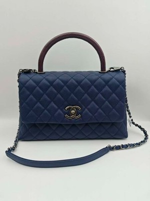 Chanel Coco Handle Large Navy Red Lizard Handle Leather Flap Bag 23 Full Set