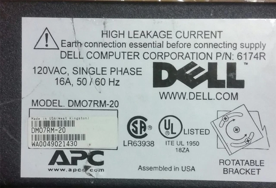 APC DELL 6174R DM07RM 15A Server Rack Mount PDU Basic 1U 0U Type B Plug 3 Pin - Image 3 of 4